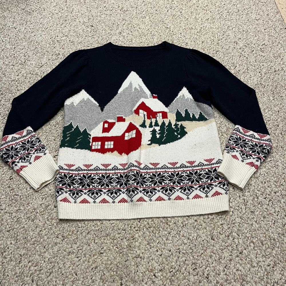 Talbots Winter Scene Holiday Sweater M Mountain Christmas Cottagecore Casual